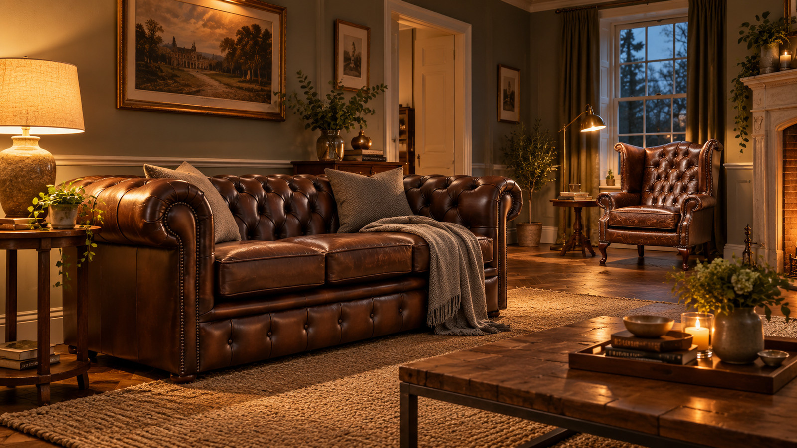 brown leather chesterfield sofa in layered lighting zones