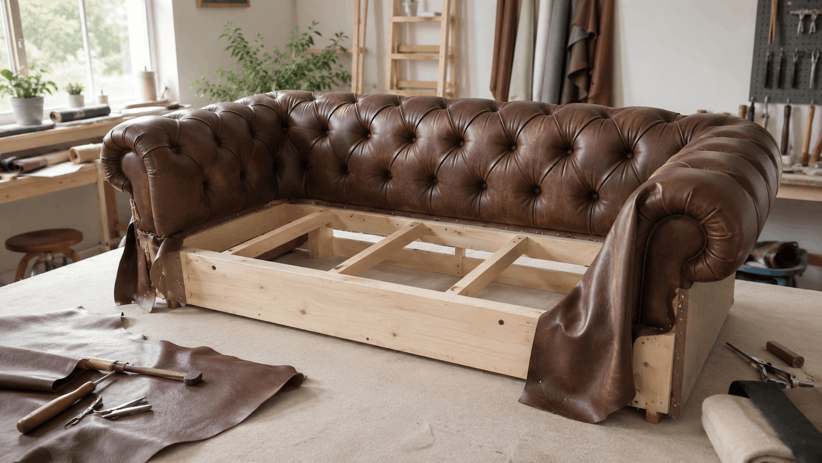 Brown leather Chesterfield sofa undergoing reupholstery