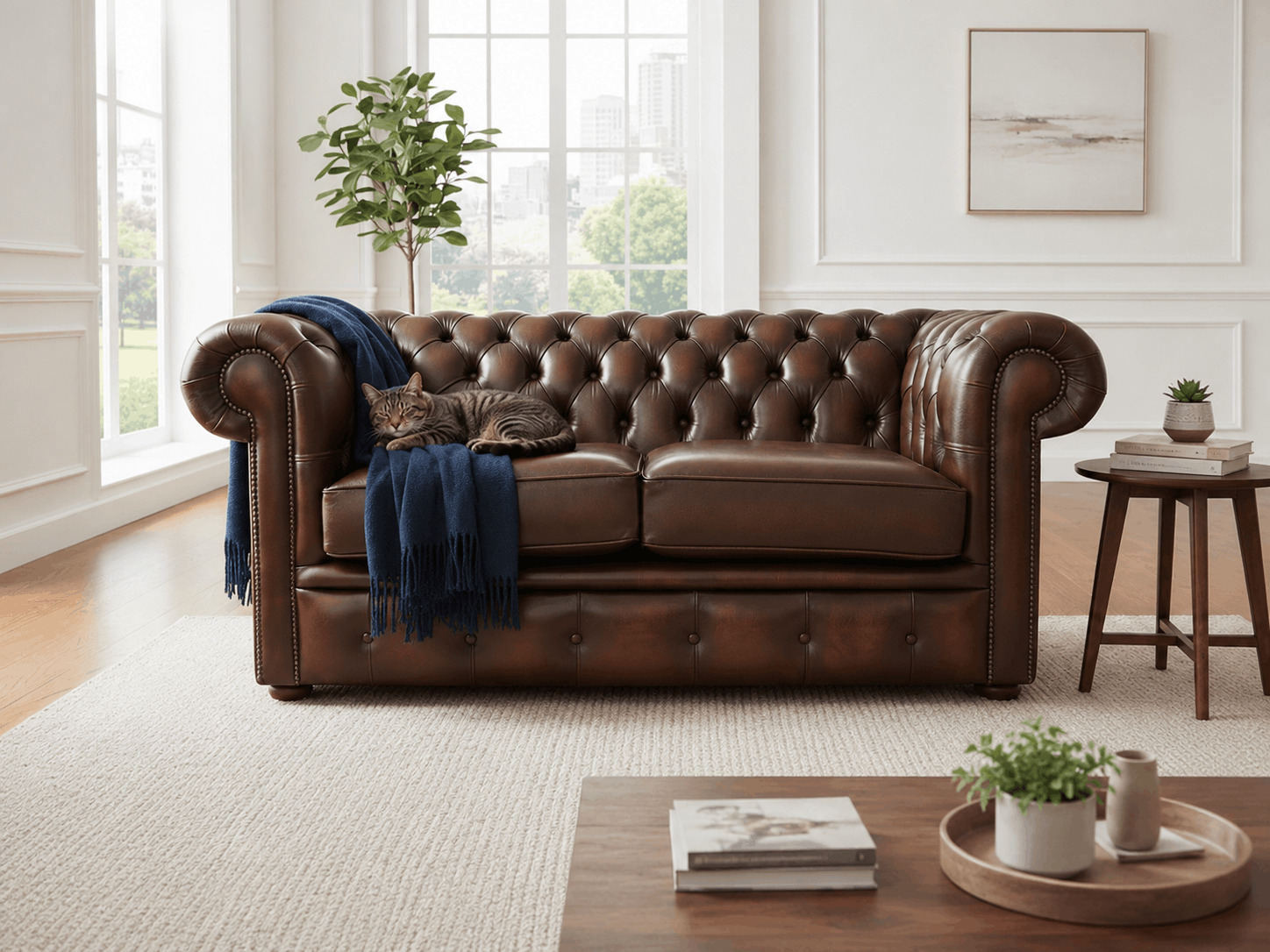 Brown leather Chesterfield sofa with a cat resting on a throw