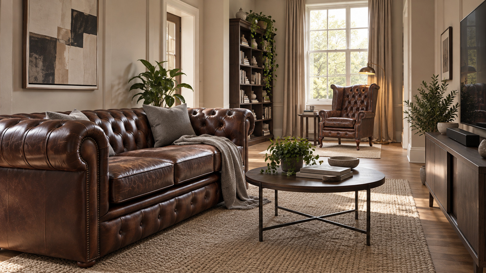 brown leather chesterfield sofa with a tv and reading corner