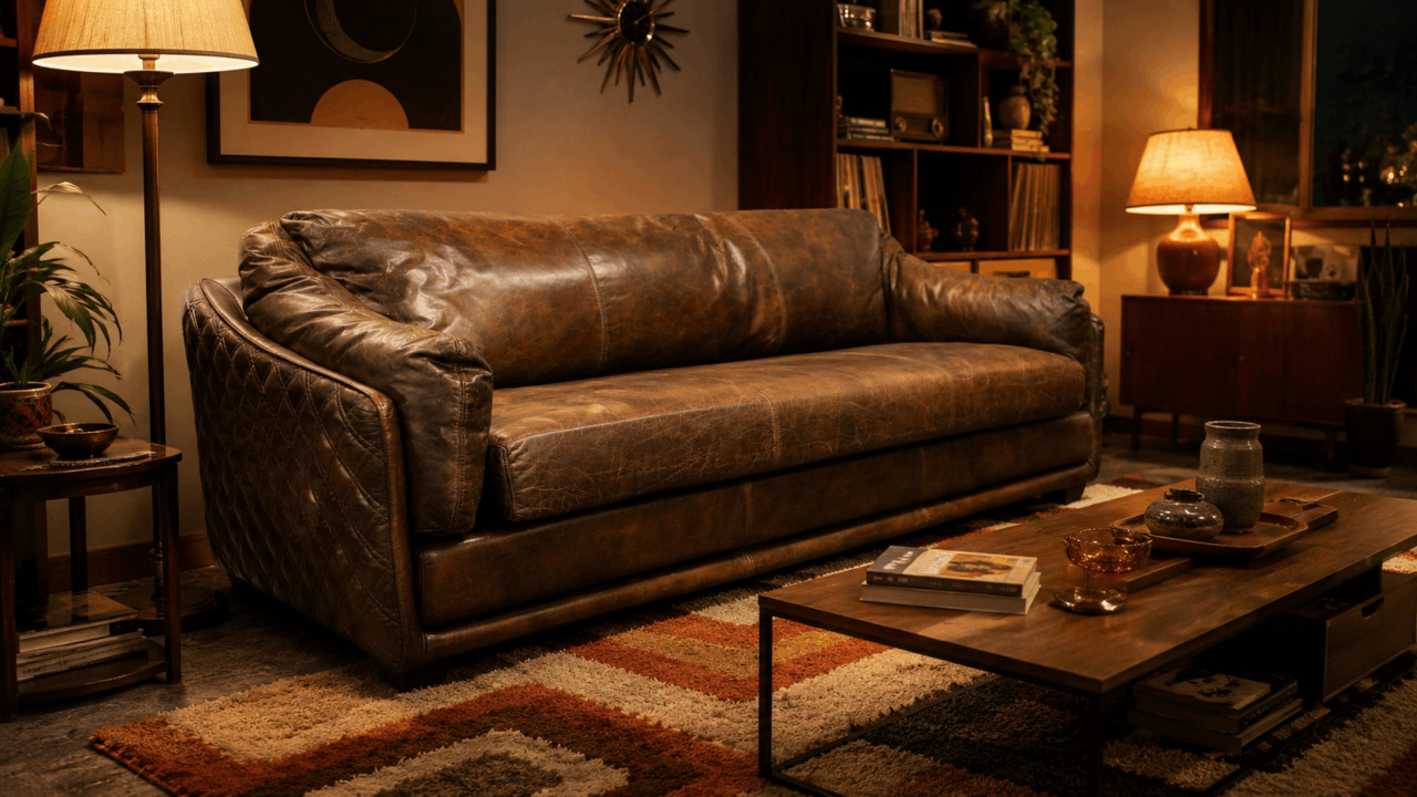 Brown leather sofa in a retro room with rust rug