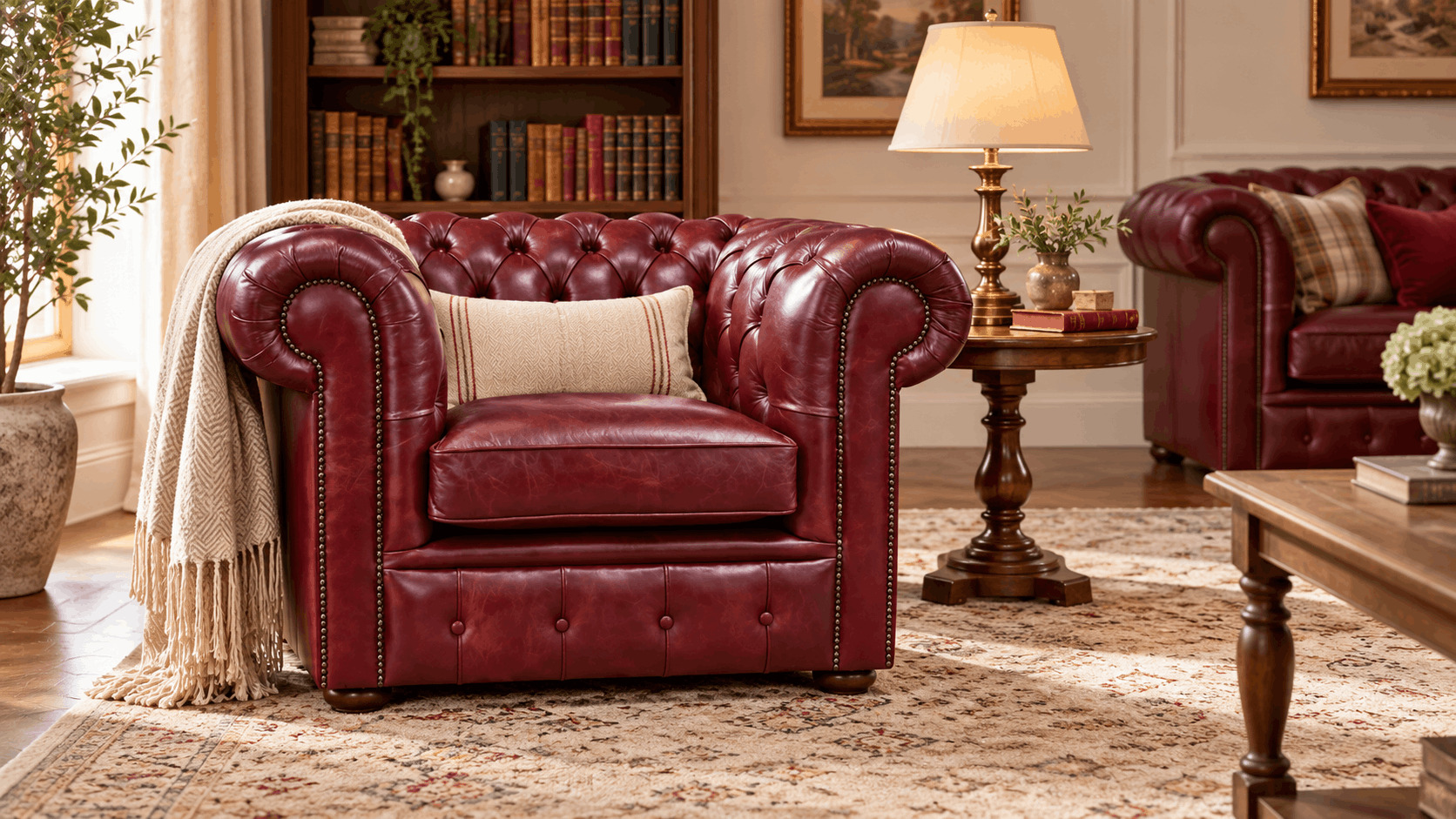 Burgundy Chesterfield club chair in a cosy reading corner