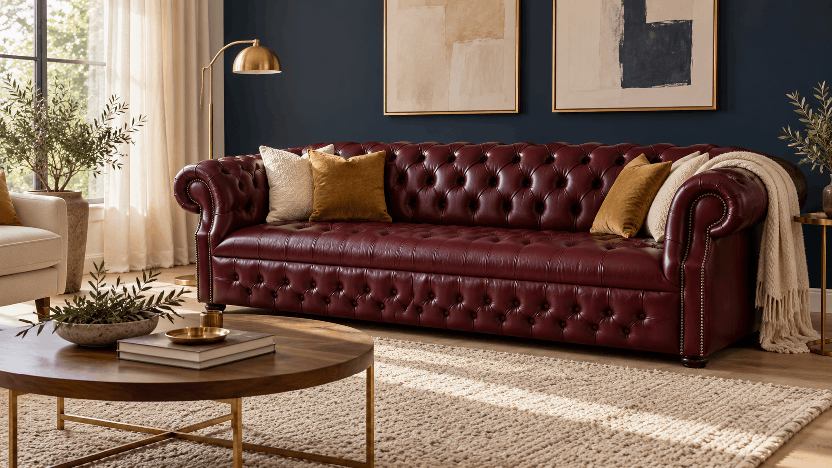 Burgundy Chesterfield sofa against a navy accent wall