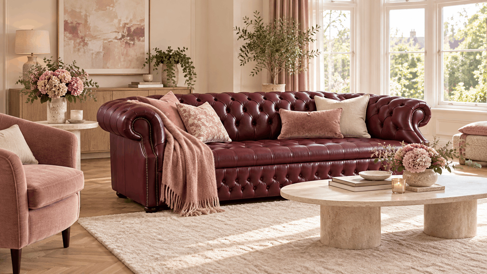 Burgundy Chesterfield sofa with dusty pink accents