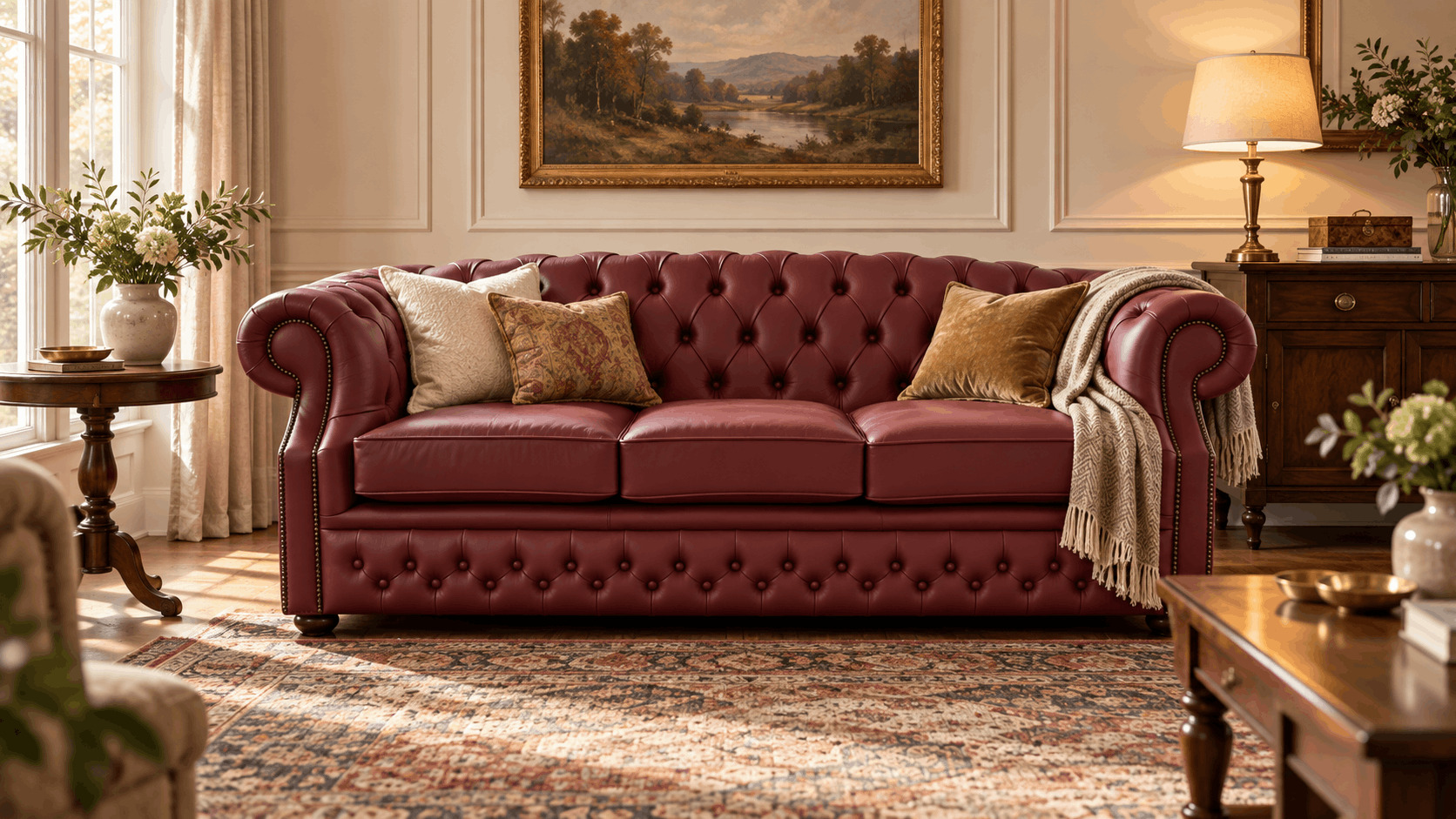 Burgundy Chesterfield sofa with gold cushions and a patterned rug