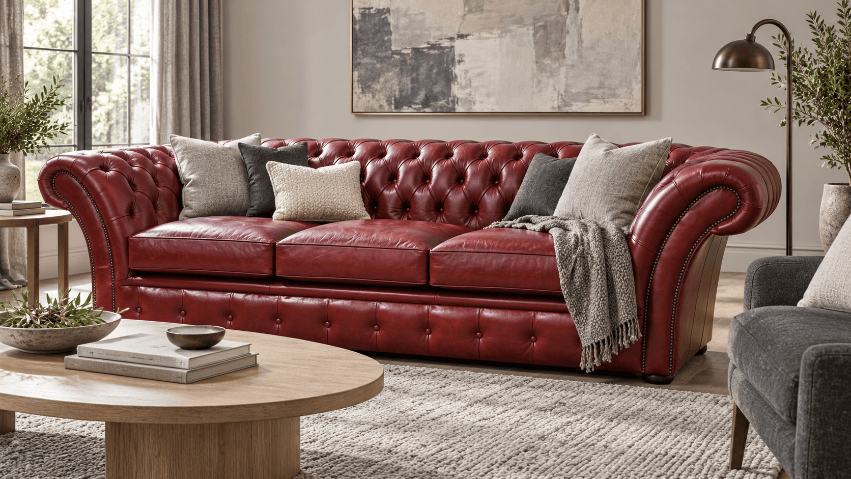 Burgundy Chesterfield sofa with grey accents