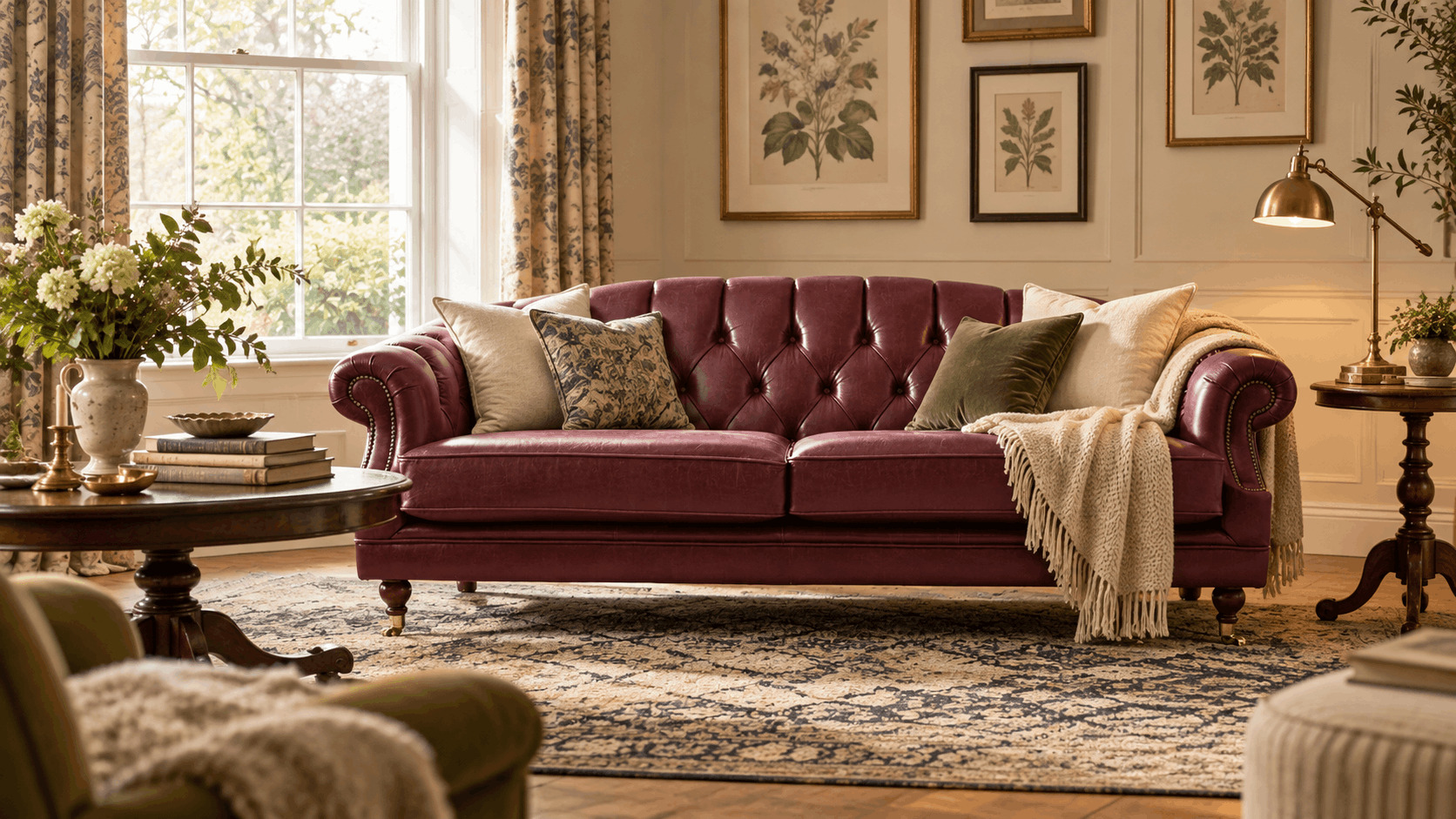 Burgundy Chesterfield sofa with olive cushions and botanical artwork