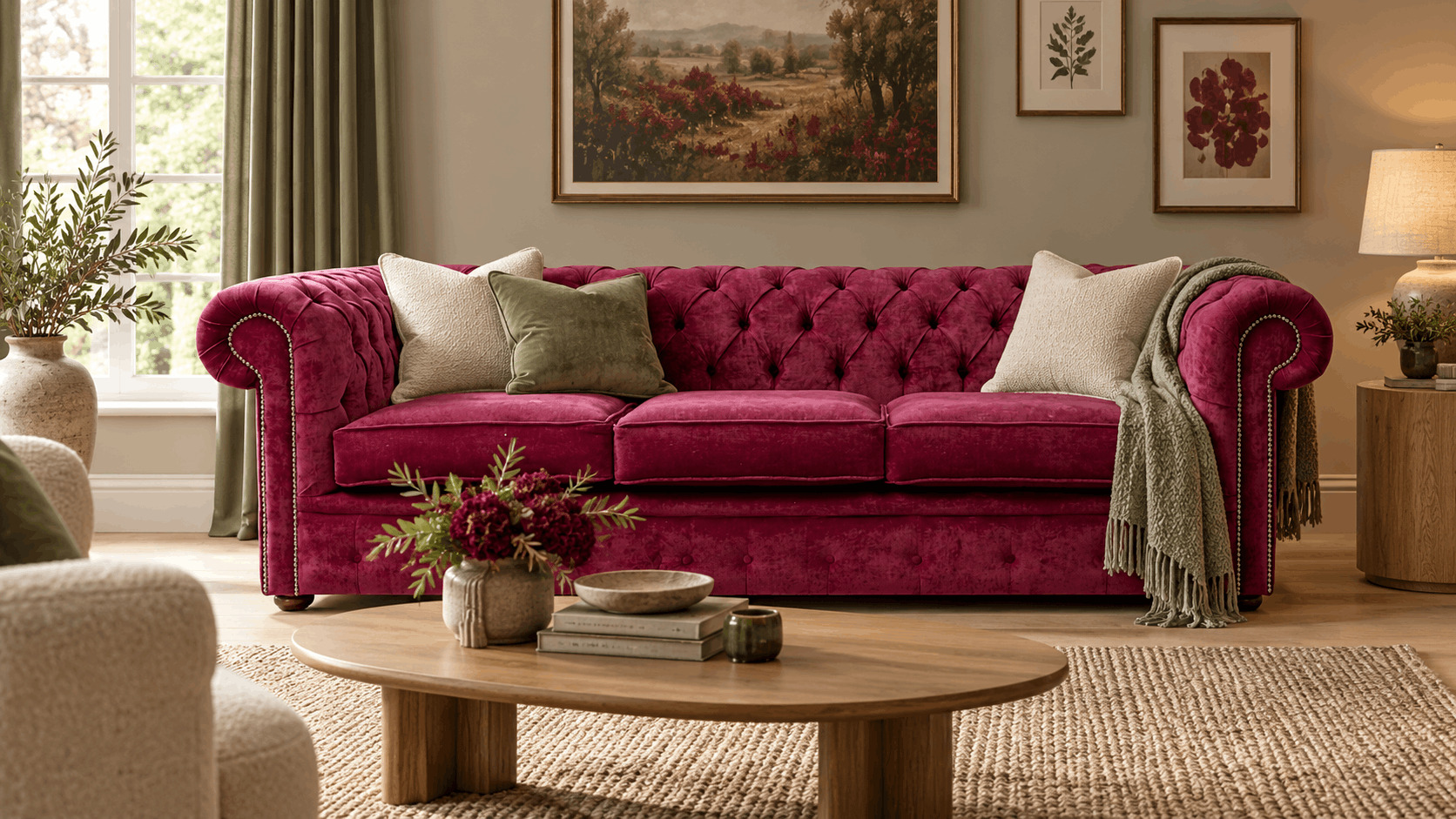 Burgundy fabric Chesterfield sofa with sage cushions and curtains