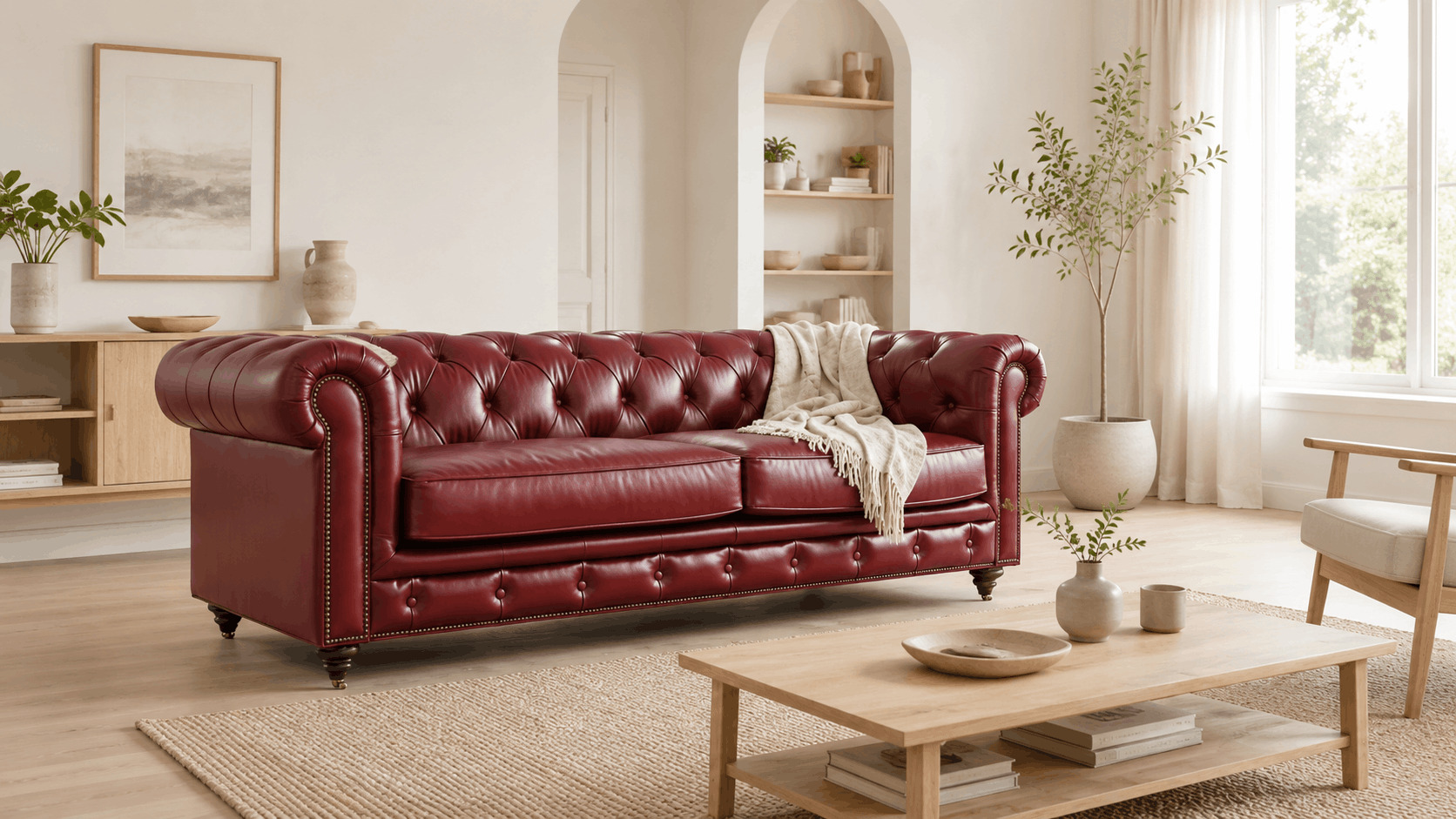 Burgundy leather Chesterfield sofa in a Scandinavian living room