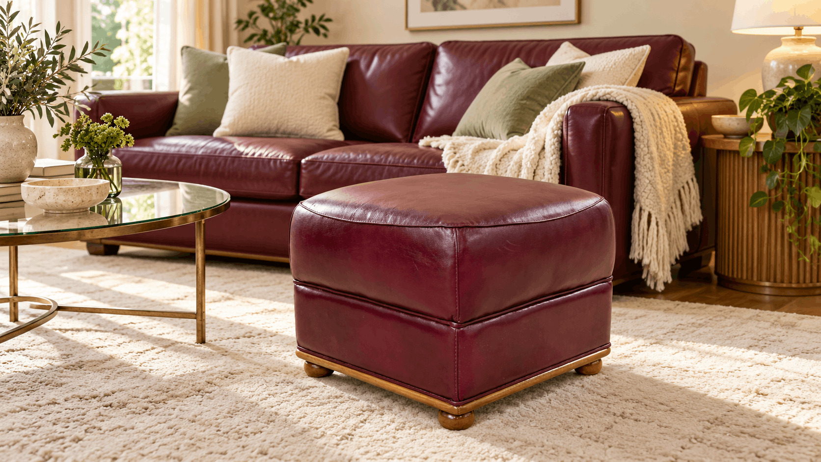 Burgundy leather footstool beside a sofa with sage cushions