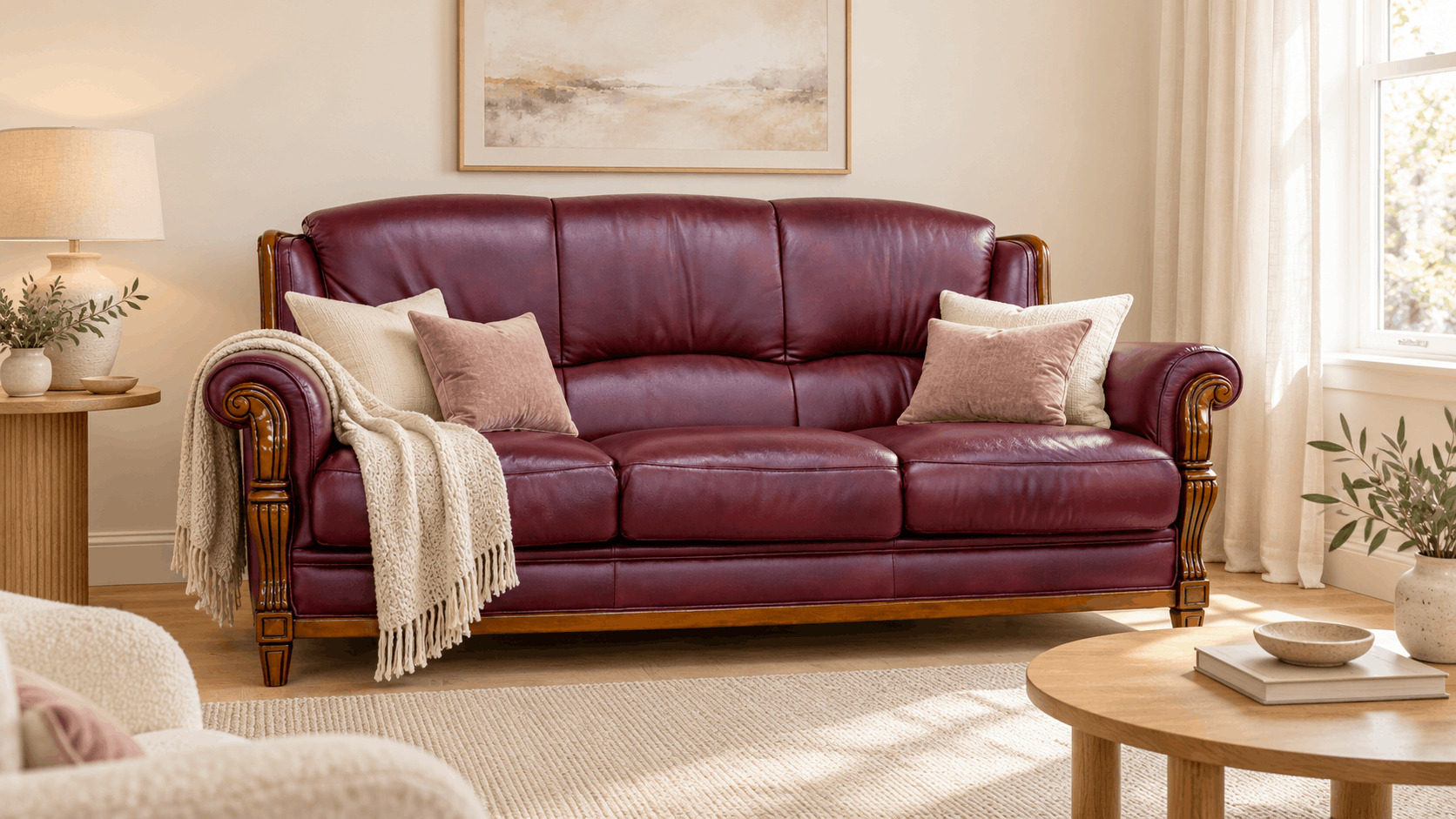 Burgundy leather sofa against warm white walls