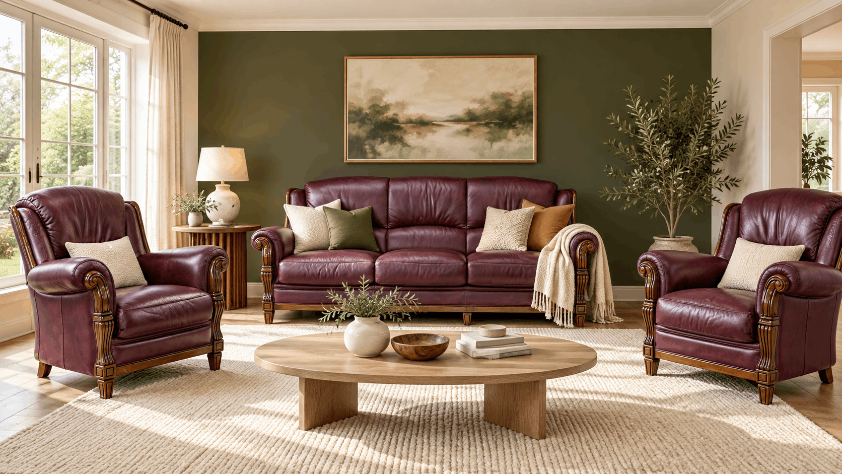 Burgundy leather sofa suite with an olive accent wall