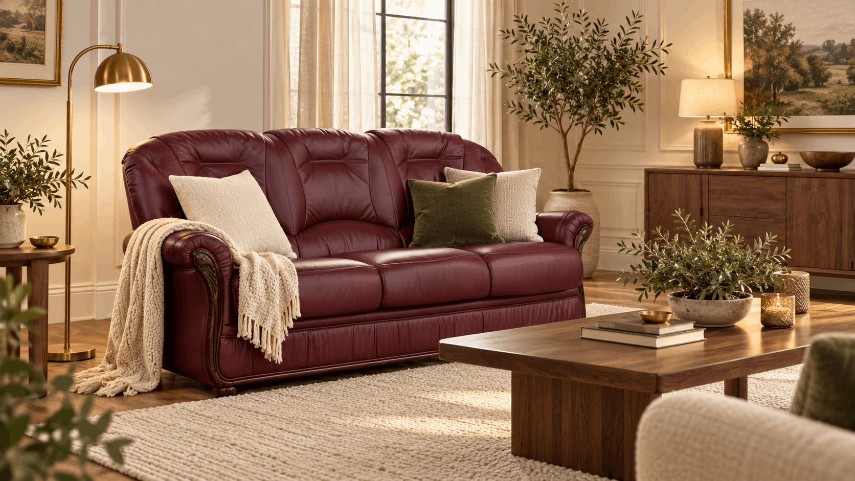 Burgundy leather sofa with cream cushions and walnut furniture