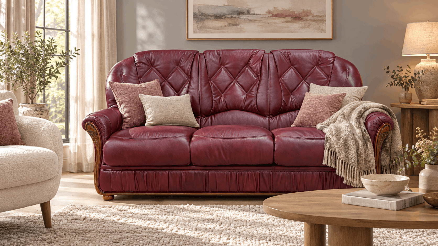 Burgundy leather sofa with pink cushions and a cream armchair