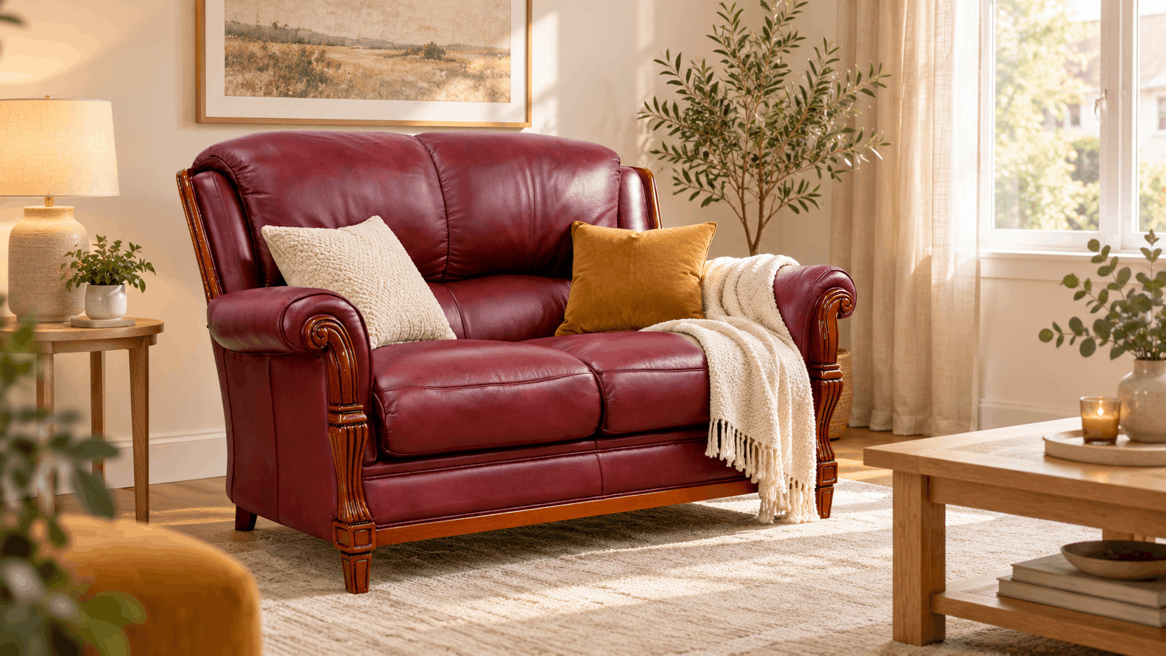 Burgundy leather two-seater sofa with a mustard cushion and cream throw