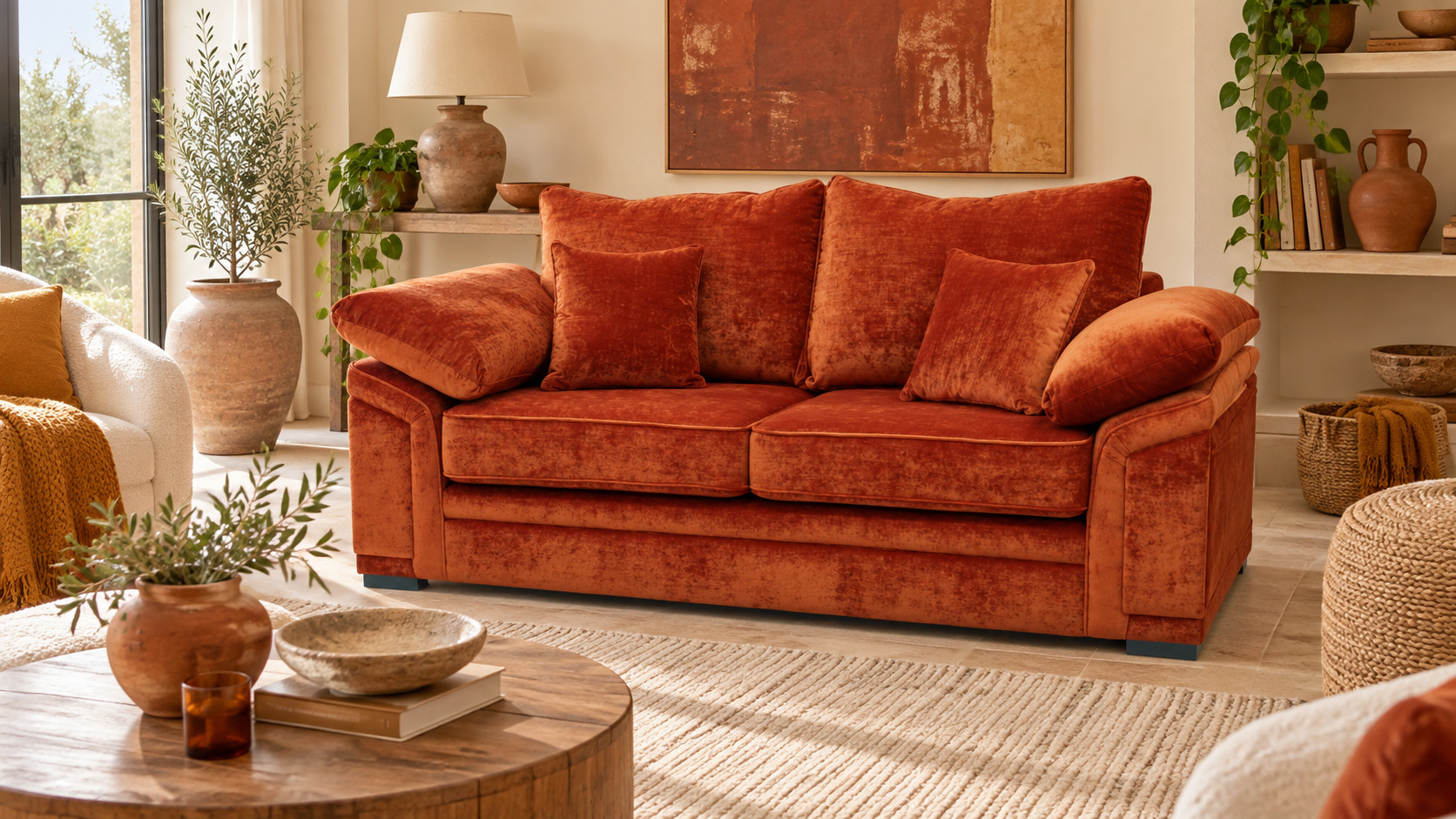 Burnt orange velvet sofa with terracotta and ochre decor