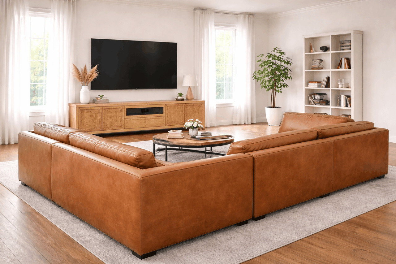 Caramel leather corner sofa facing a TV