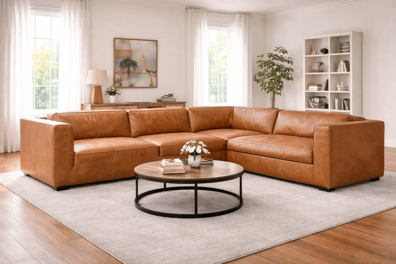 Caramel leather corner sofa in a modern living room