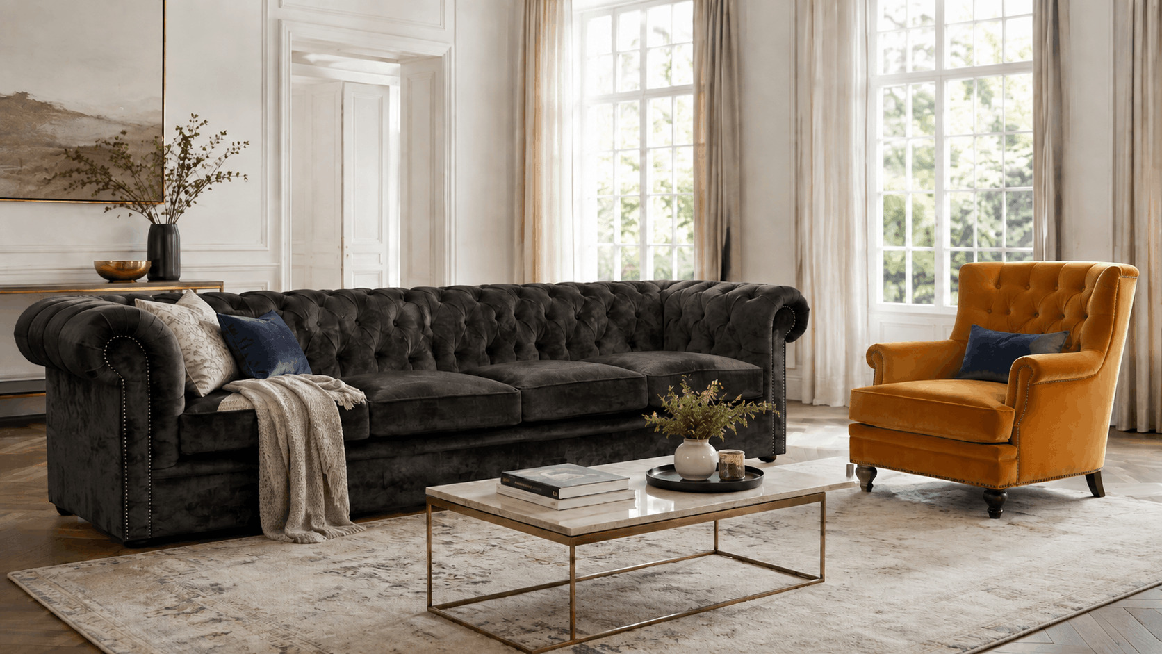 Charcoal Chesterfield sofa with a mustard armchair