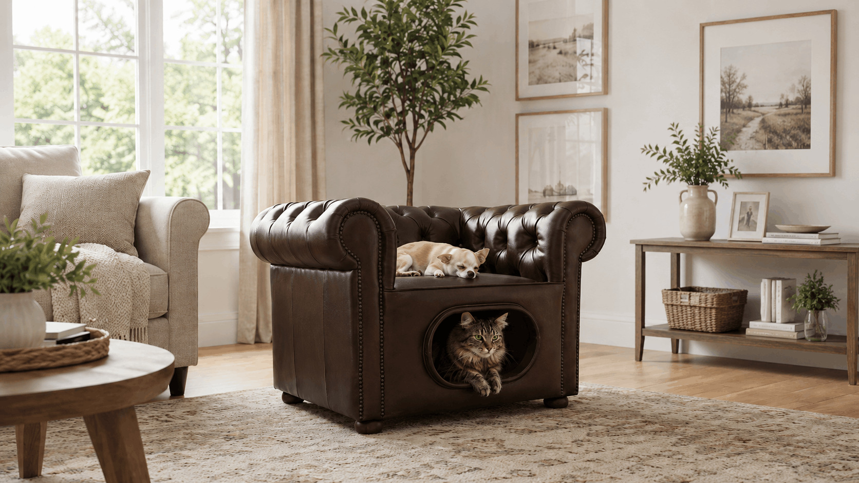 Chesterfield pet chair with a small dog and cat in a bright living room