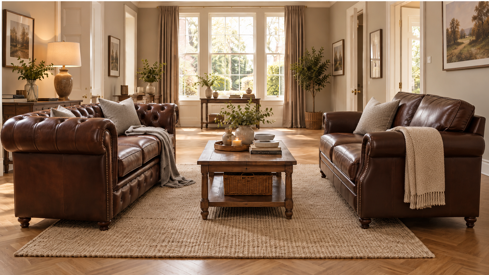 chesterfield sofa facing a brown leather sofa across a coffee table
