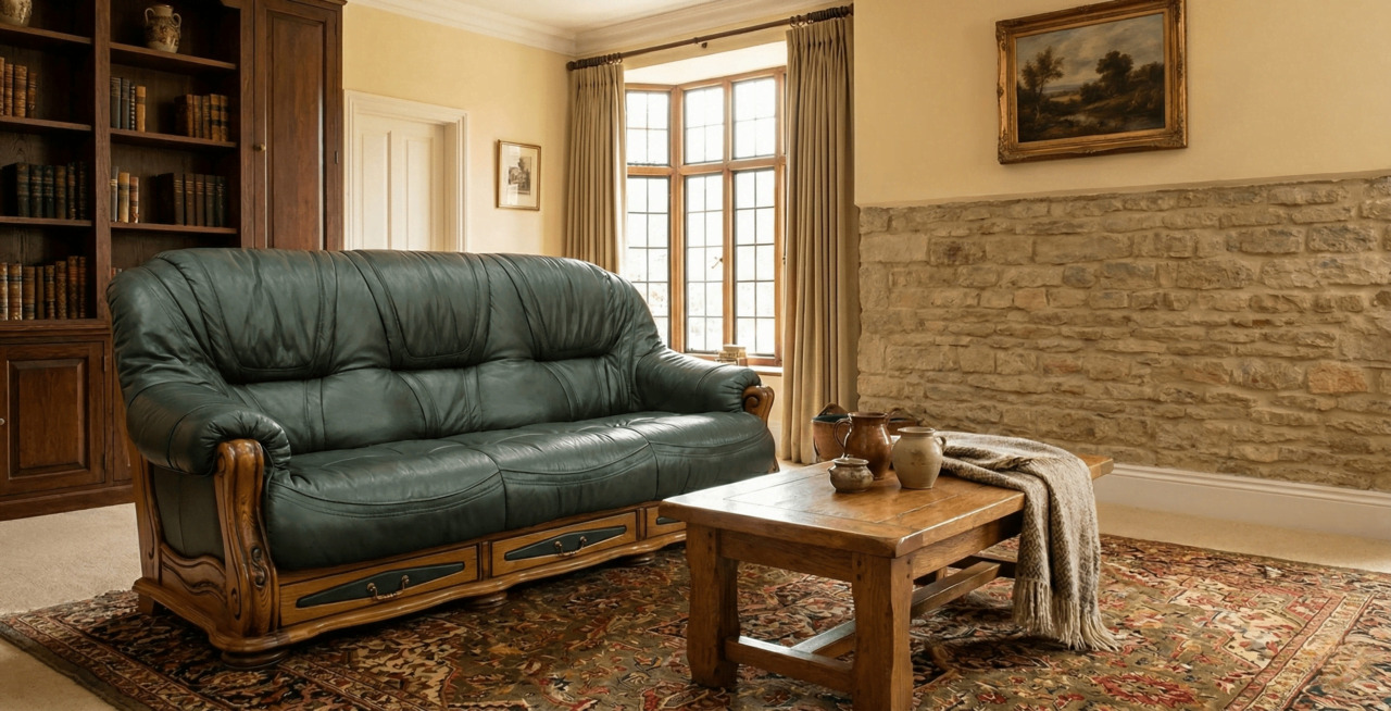 Classic green leather sofa in a traditional living room with stone wall