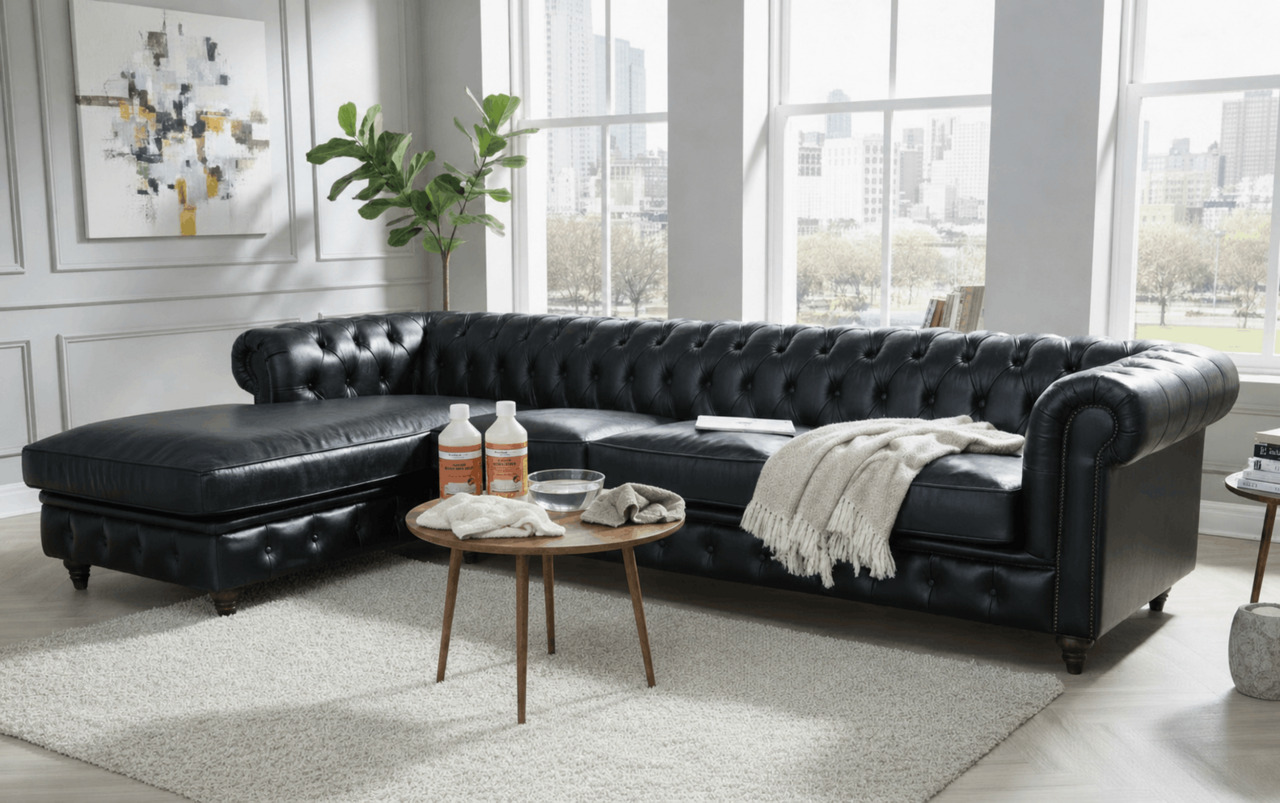 Cleaning a black leather sofa with the Ultimate Leather Care Kit