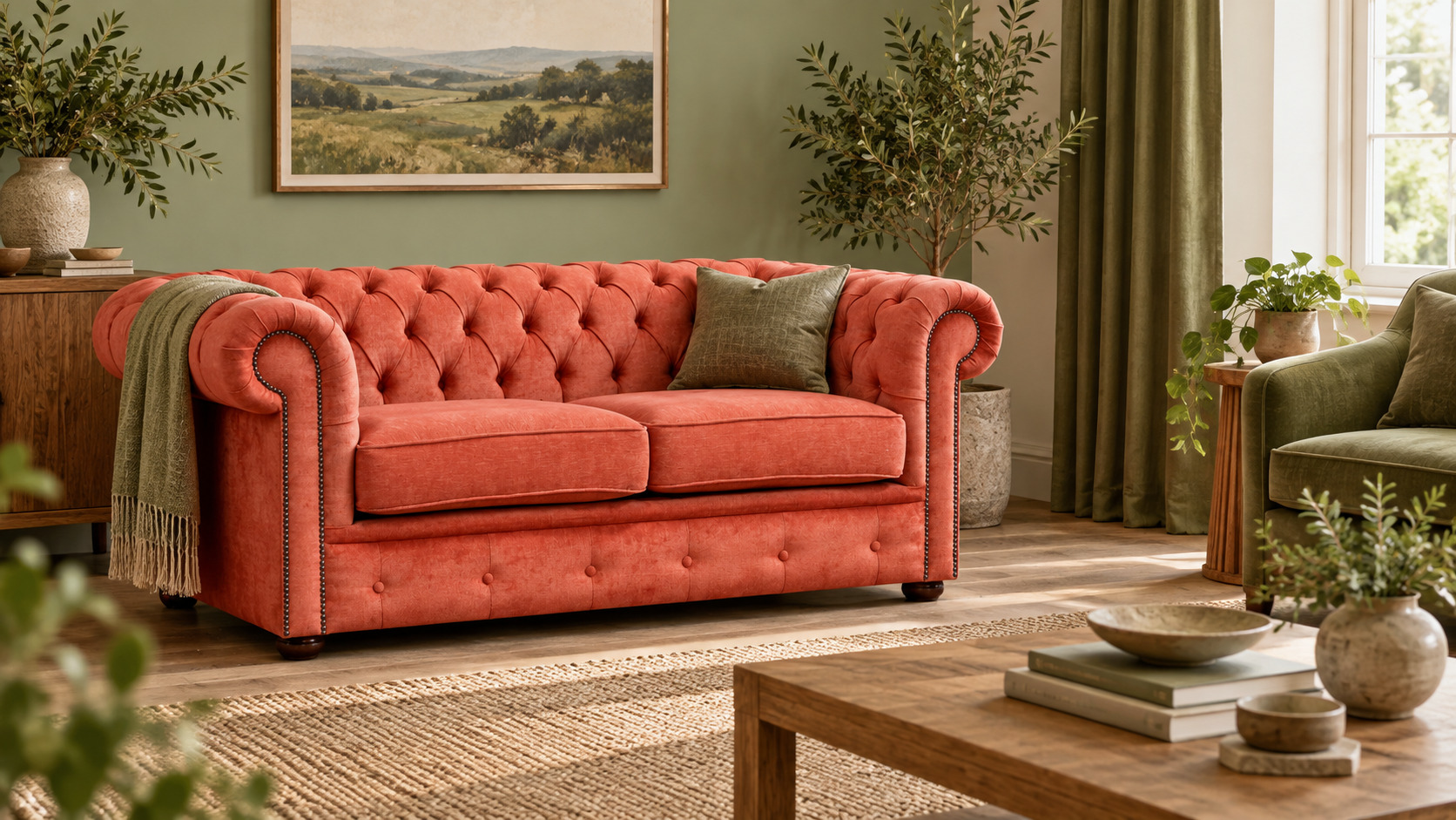 Copper orange sofa in a sage and olive green living room