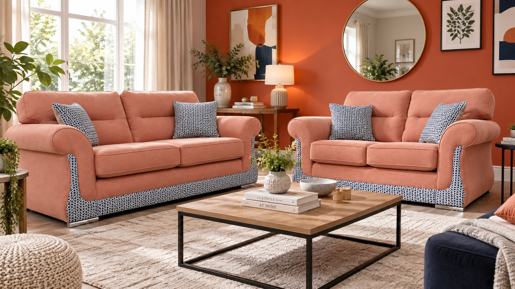 Coral sofa set with a bold orange feature wall