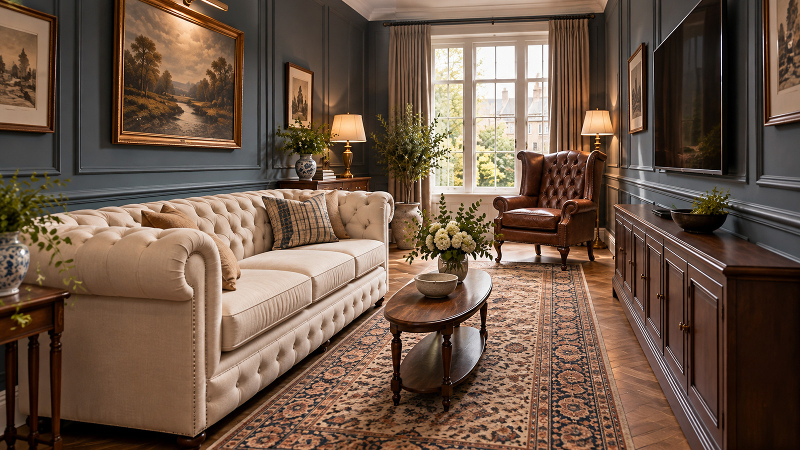cream chesterfield sofa and leather armchair conversation area
