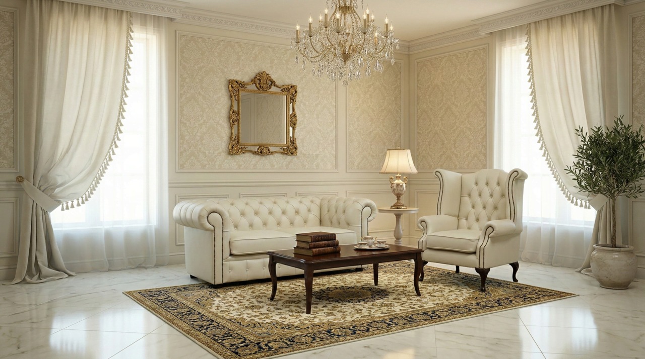 Cream Chesterfield sofa and wingback chair in a classic living room