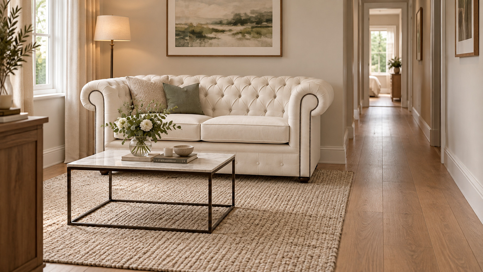 cream chesterfield sofa beside a clear side walkway