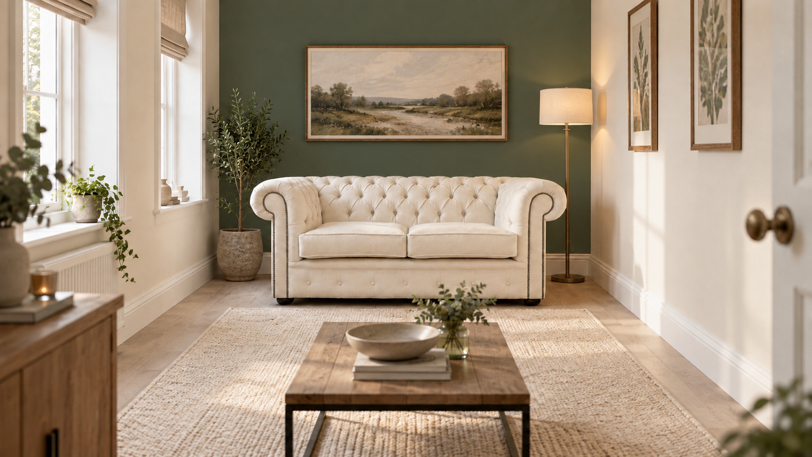 cream chesterfield sofa with a deep sage feature wall