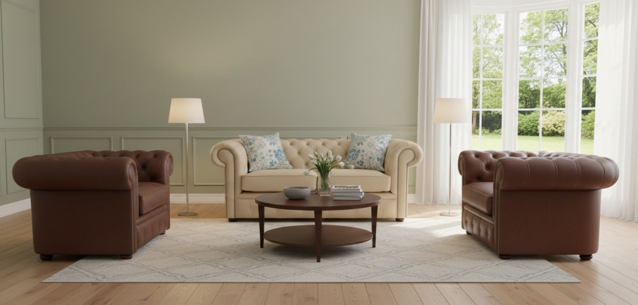 Cream Chesterfield sofa with brown leather armchairs