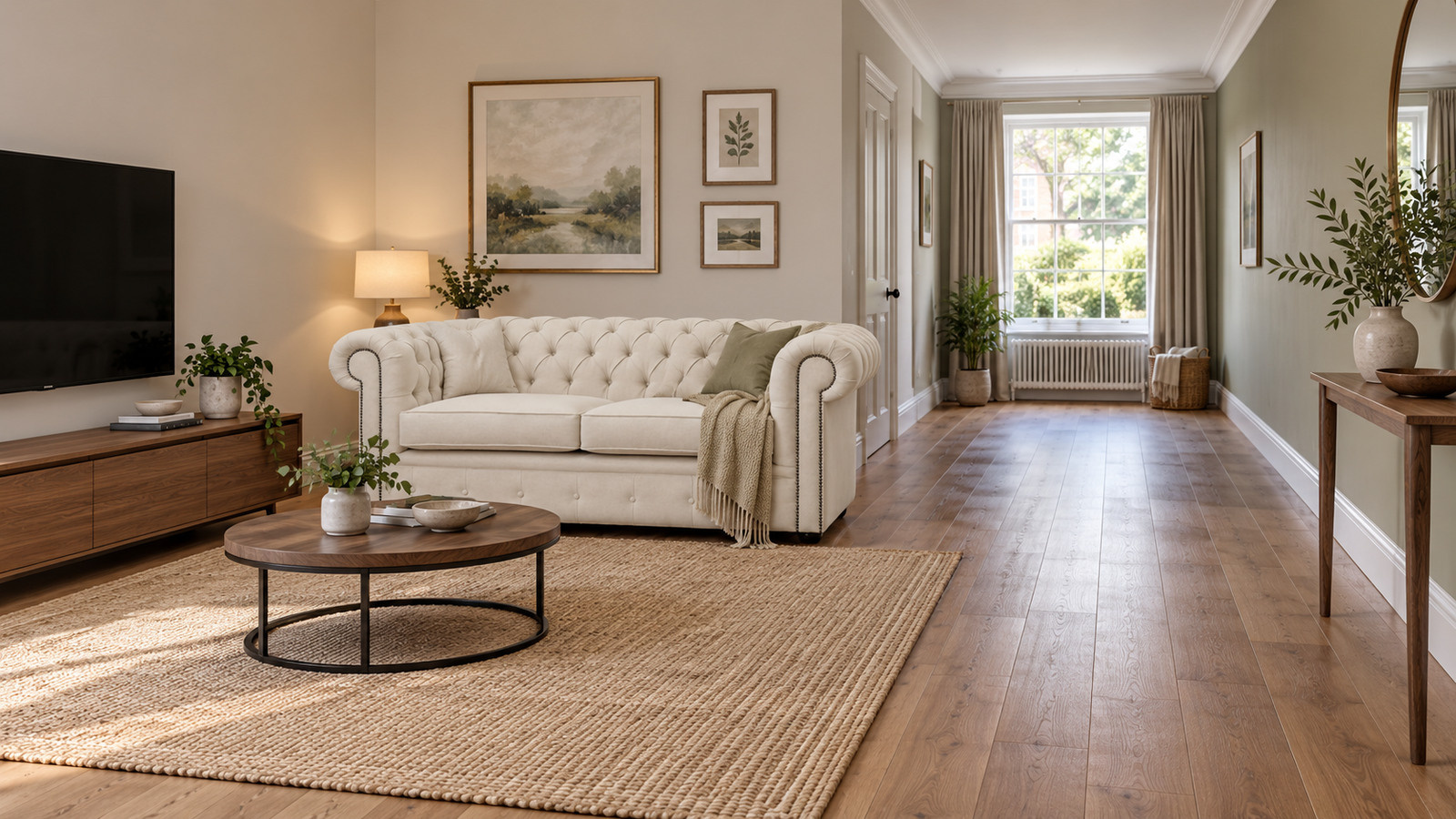 cream chesterfield sofa with open floor space in a long living room