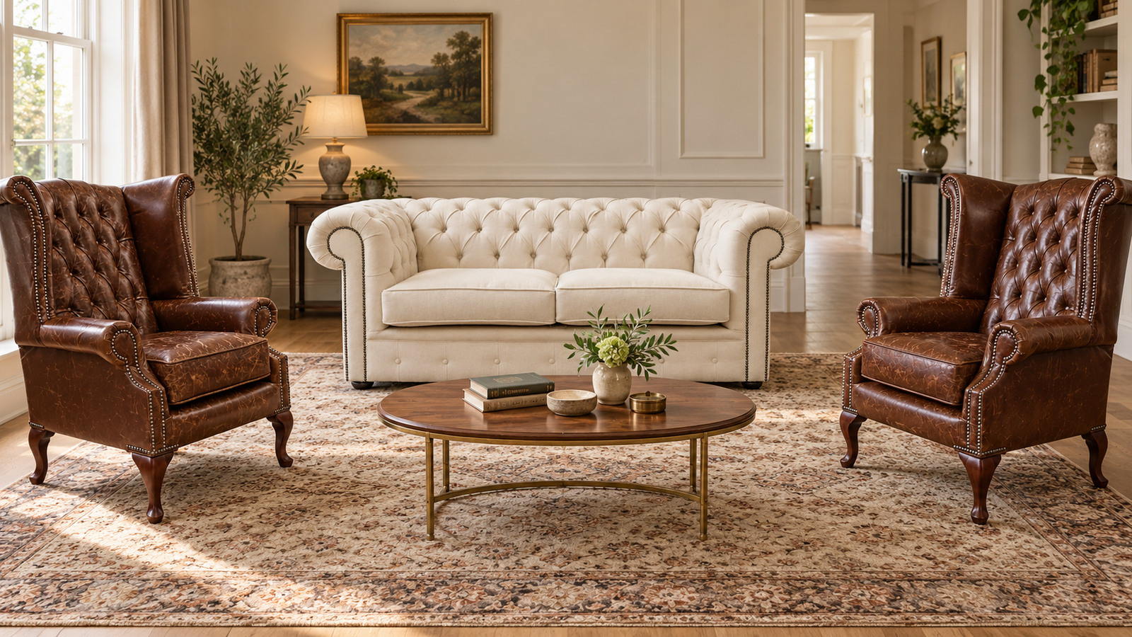 cream chesterfield sofa with two brown leather armchairs