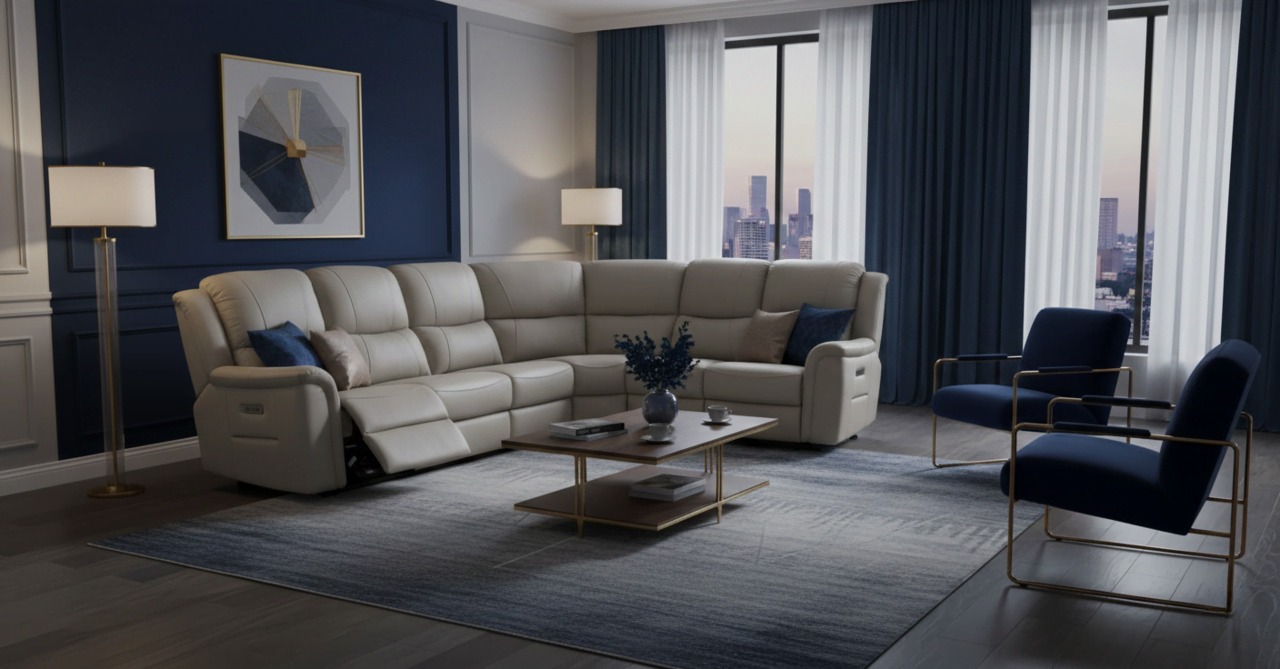 Cream corner recliner sofa with navy blue wall and chairs