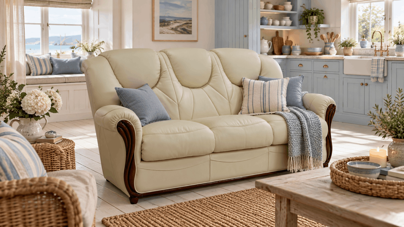 Cream two-seater sofa beside a light kitchen