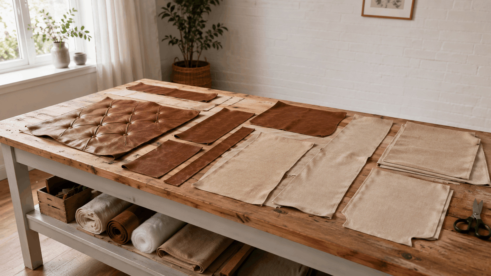 Cut upholstery fabric and leather pieces arranged on a wooden table