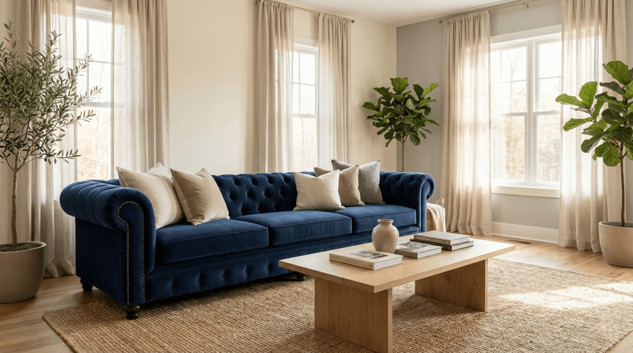 Dark Blue Chesterfield Sofa in Light Room with Neutral Curtains