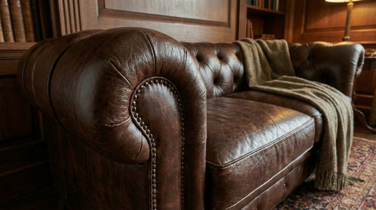 Dark Brown Chesterfield, Wood Panelling, Red Pattern Rug