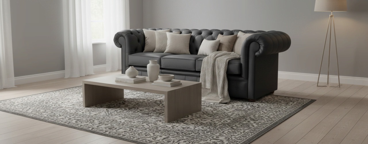 Dark grey Chesterfield sofa with neutral cushions and patterned rug