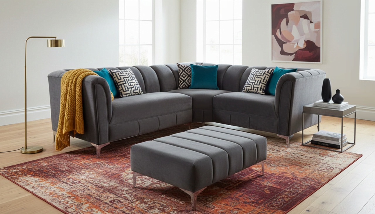 Dark grey corner sofa with teal cushions and mustard throw