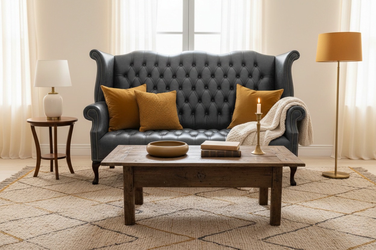 Dark grey high back sofa with mustard cushions and warm lighting