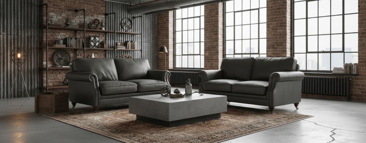 Dark grey leather sofas in an industrial loft living room