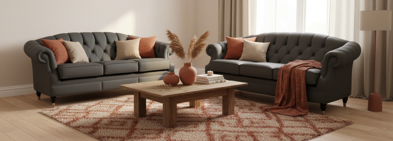 Dark grey sofas with terracotta accents and patterned rug