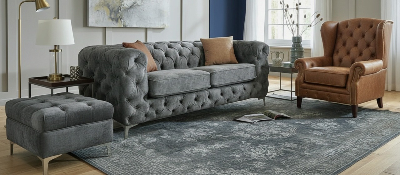 Dark grey tufted sofa with a tan leather wingback chair