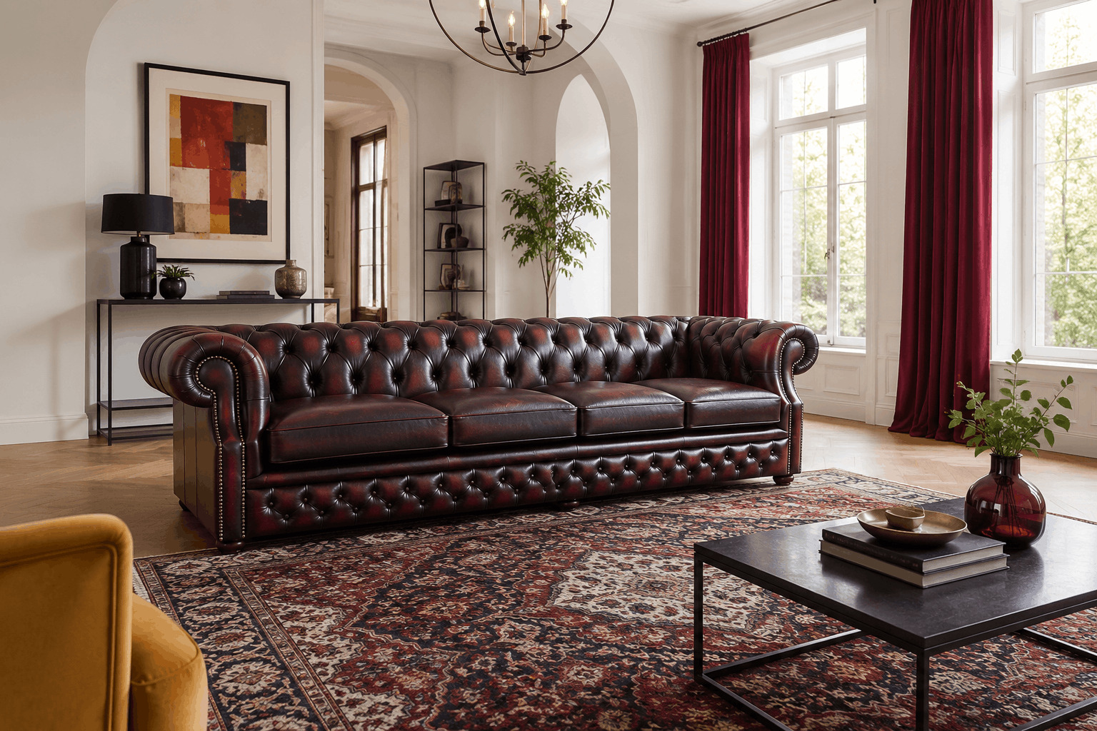 Dark red leather Chesterfield sofa with accent curtains