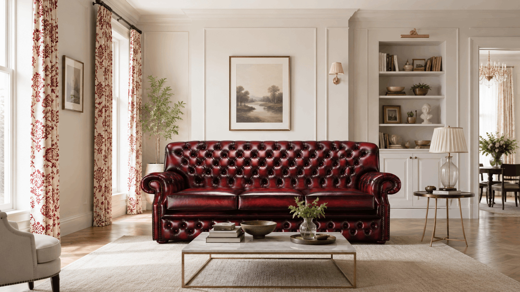 Dark red leather Chesterfield sofa with patterned curtains