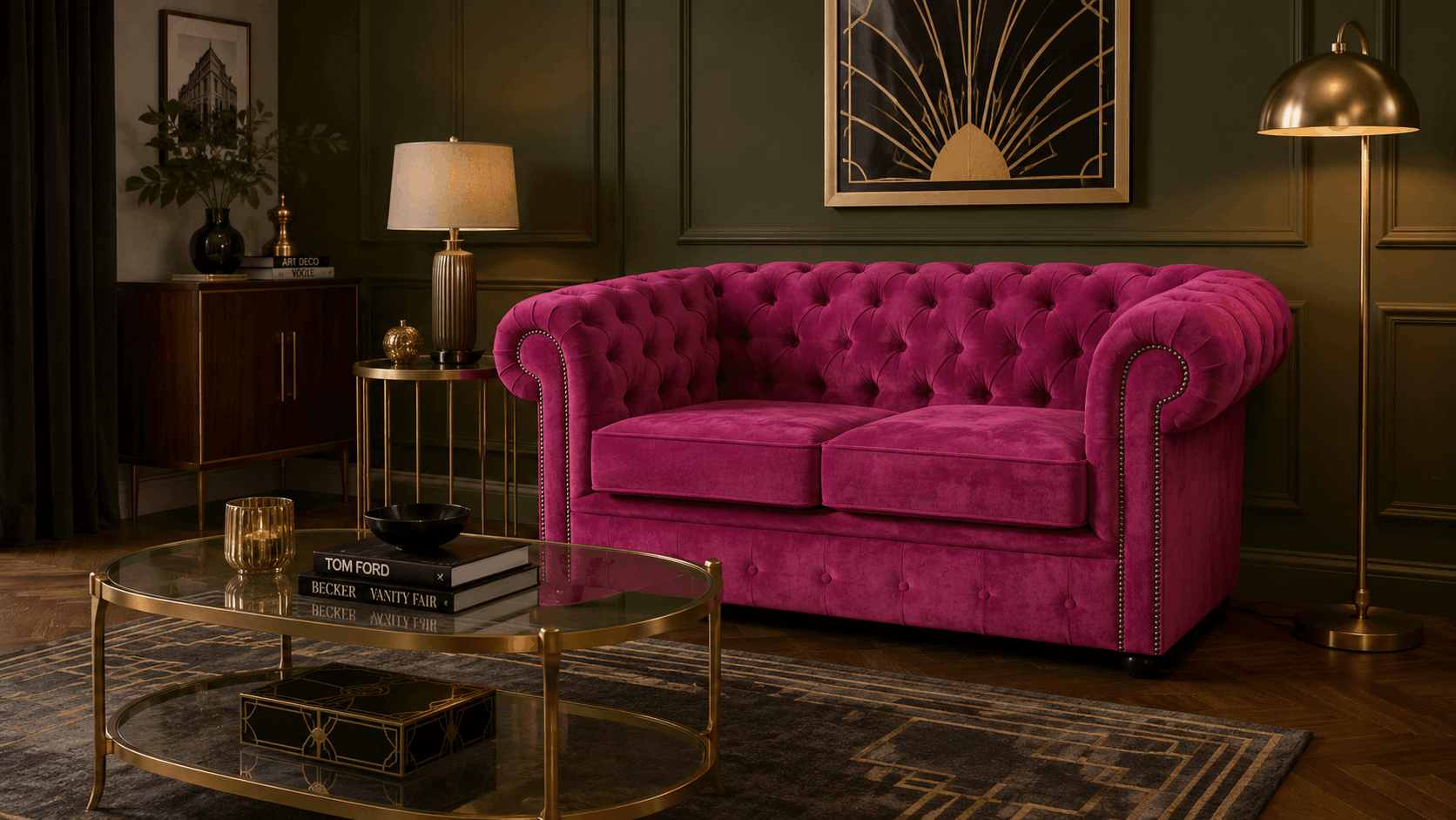 Deep pink two-seater Chesterfield sofa in a dark green room